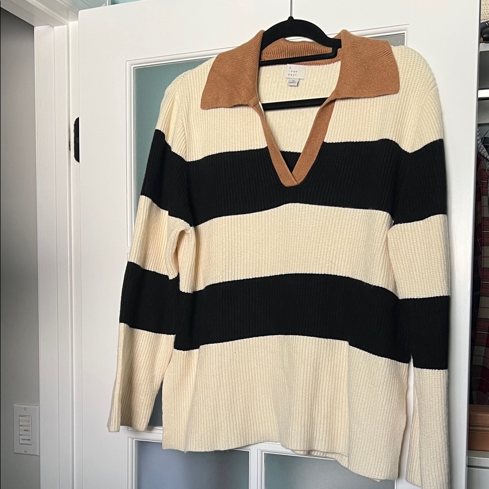 a new day V-Neck Sweater with Black, Cream, and Tan Stripes